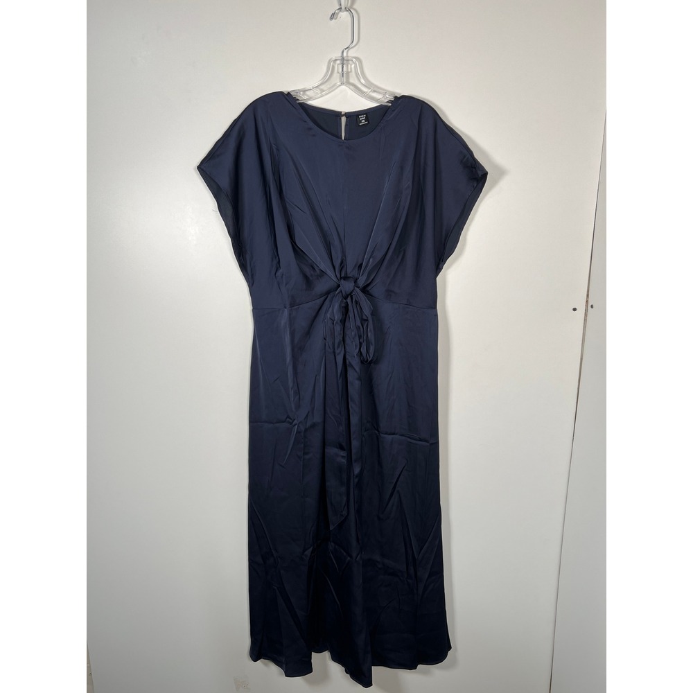 SHEIN Curve Navy Blue Satin Tie Front Midi Dress Cap‎ Sleeve Plus Size 1XL